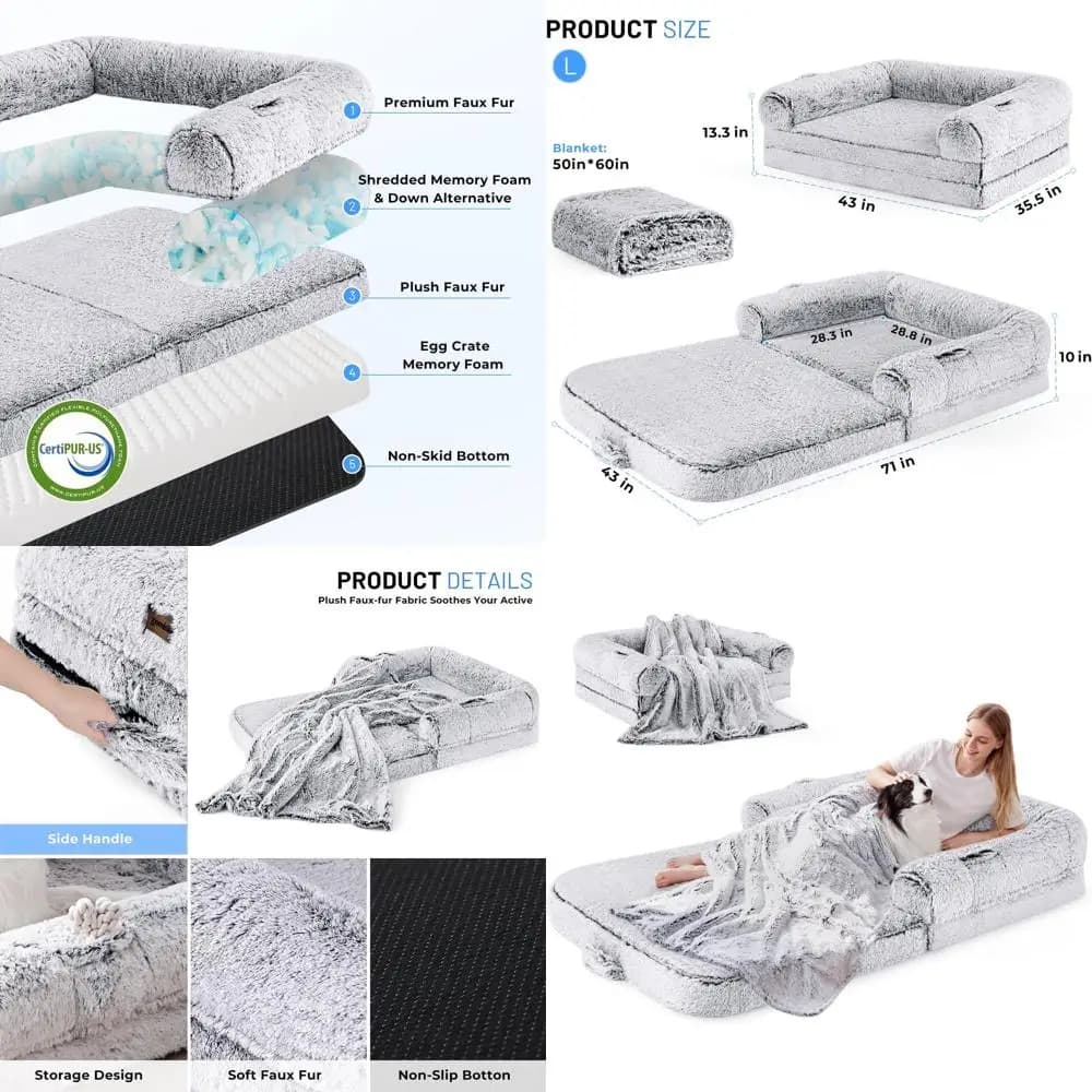 Letto pieghevole per cani e adulti 2 in 1, impermeabile, pelliccia sintetica, grigio, 71x43x10