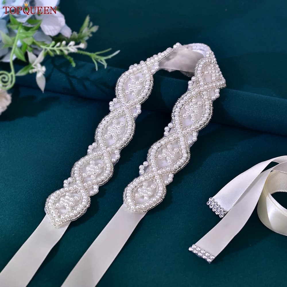 TOPQUEEN Cinture fatte a mano per abito da sposa Decorazione con perle Donna Abito da sposa formale da sera per donna Nastri decorativi S353A