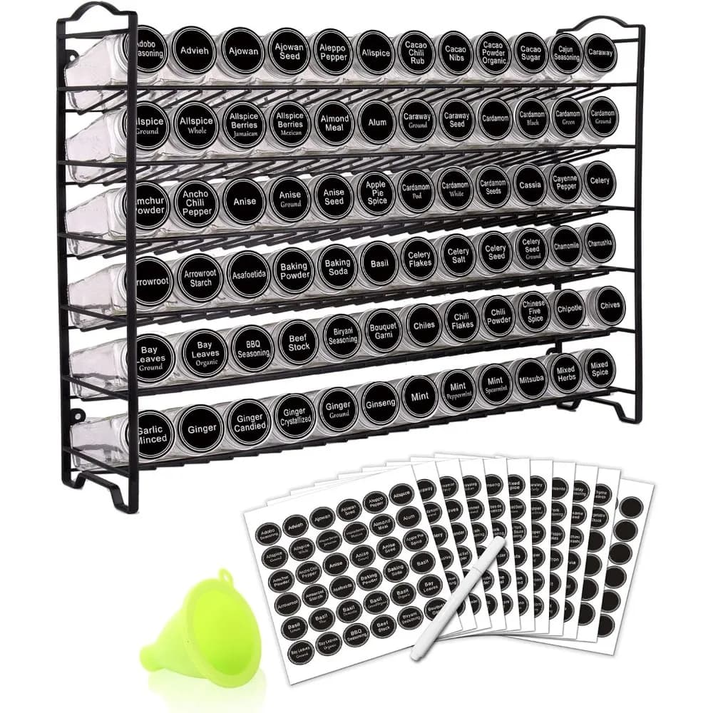 Organizer per portaspezie con 72 vasetti quadrati vuoti, 340 etichette, set di pennarelli e imbuto per armadietto da appoggio o montaggio a parete