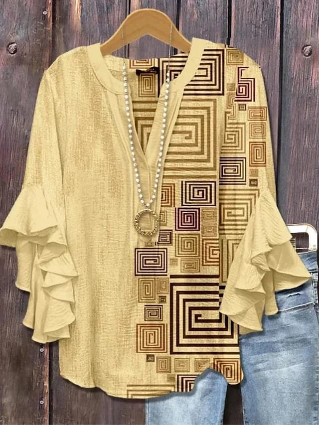 Camicetta elegante da donna con stampa floreale e maniche a volant, camicia casual comoda e ampia per l'ufficio, l'uso quotidiano e lo streetwear