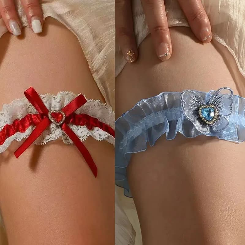 Cute Lace Bow Garter Women Sexy Accessories Rhinestones Decoration Garter Lolita Garter Erotic Lingerie Stockings Accessories