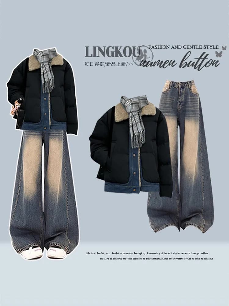 Completo due pezzi primaverile da donna alla moda, taglie forti, in denim patchwork, effetto snellente e coprente, a vita alta, manica lunga, girocollo.