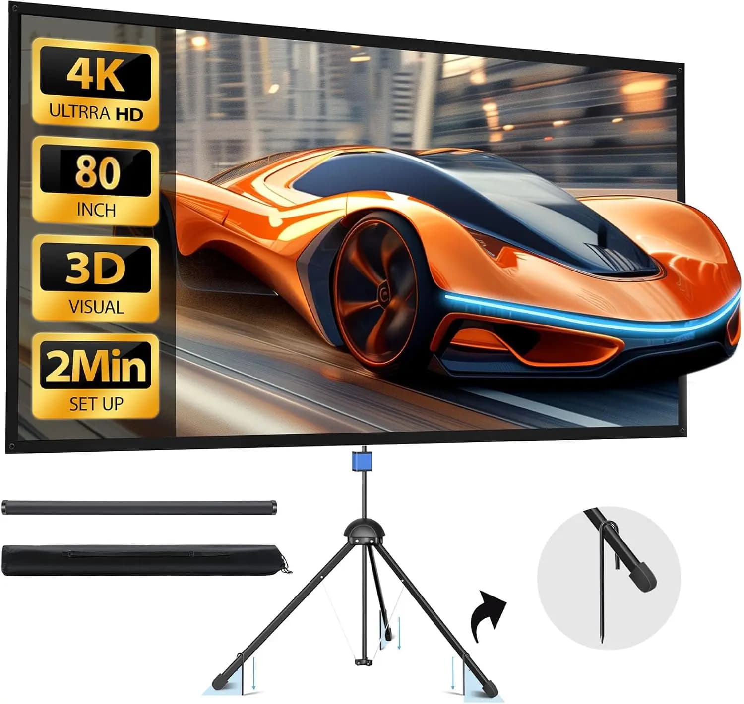 Schermo per Proiettore 80" 4K HD in PVC con Supporto - 16:9, 1.5 Gain, Uso Interno/Esterno, Borsa per il Trasporto Inclusa
