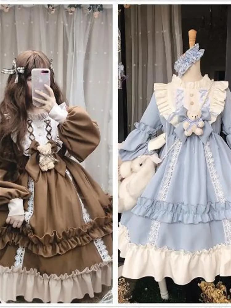 Completo Set Abito Studentesco Lolita Carino Autunno Inverno con Maniche Lunghe, Gonna Voluminosa, Maniche a Lanterna e Design a Splice - Abito Stile Soft Girl