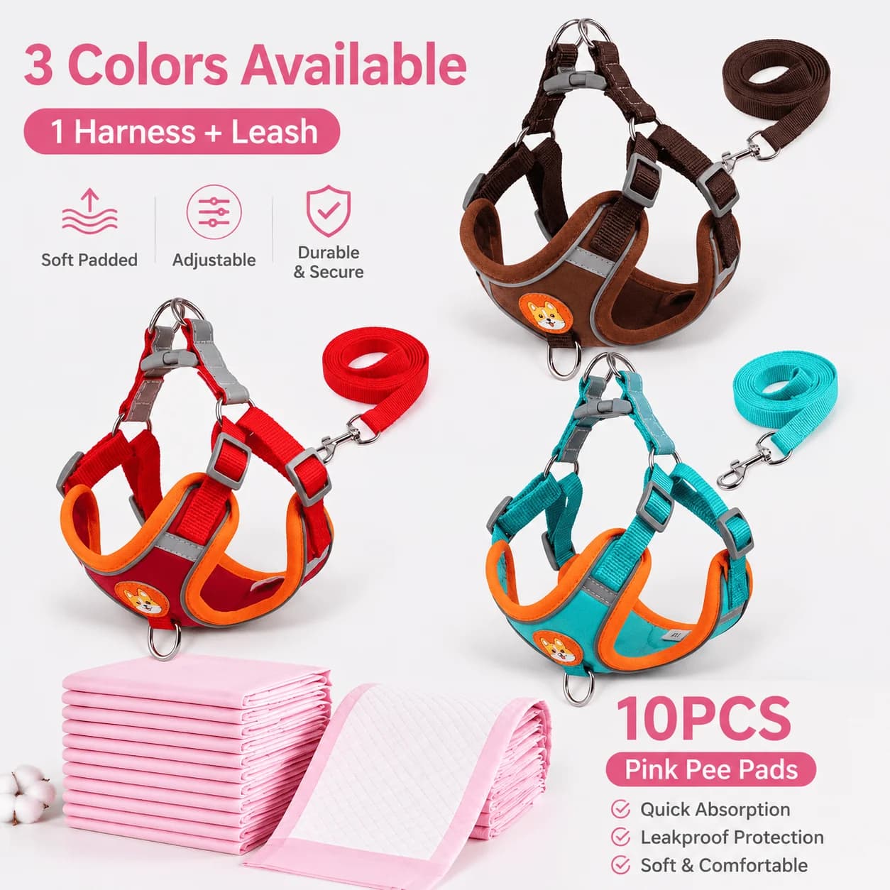 Dog Harness Leash Set Reflective Pet Vest Harness with 10PCS Pink Disposable Changing Pads for Small Medium Sized Dogs