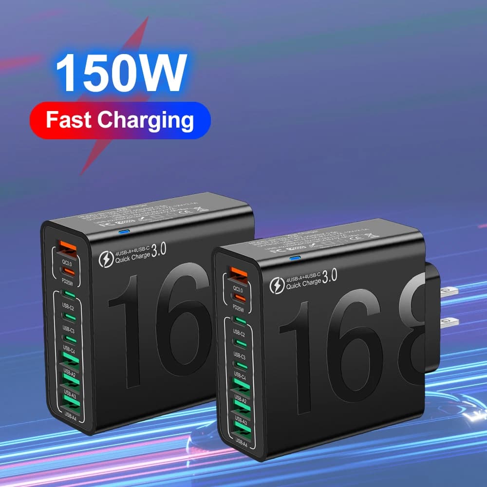 Caricabatterie totale da 150 W 3.0 Adattatore di ricarica per telefono cellulare Caricatore rapido da muro per iPhone Xiaomi Samsung Huawei Spina UE/USA/KR
