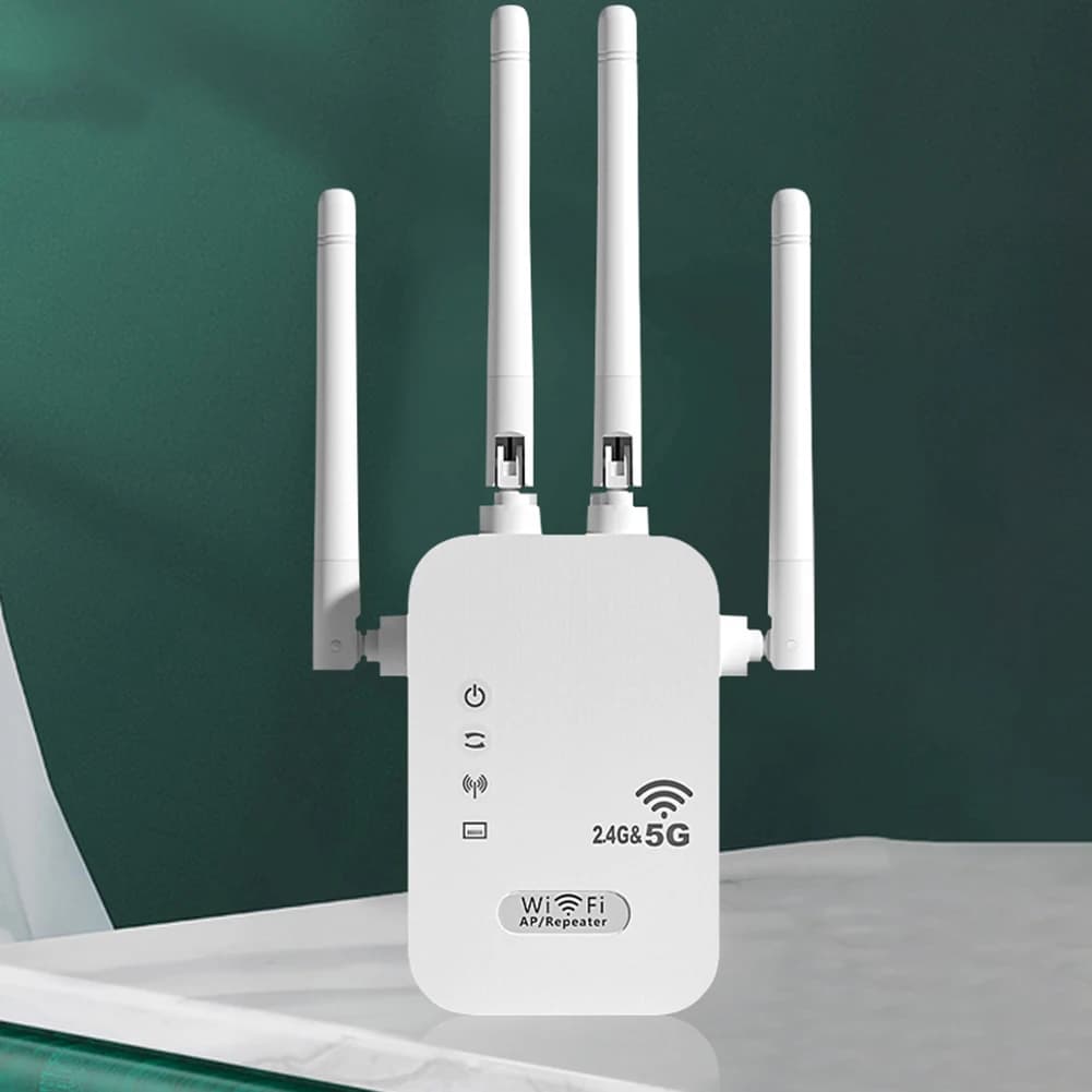 Ripetitore WiFi Wireless 1200Mbps con 4 Antenne, Dual-Band 2.4GHz/5GHz, Amplificatore di Segnale WiFi, Espansore di Rete per Casa e Piccoli Uffici