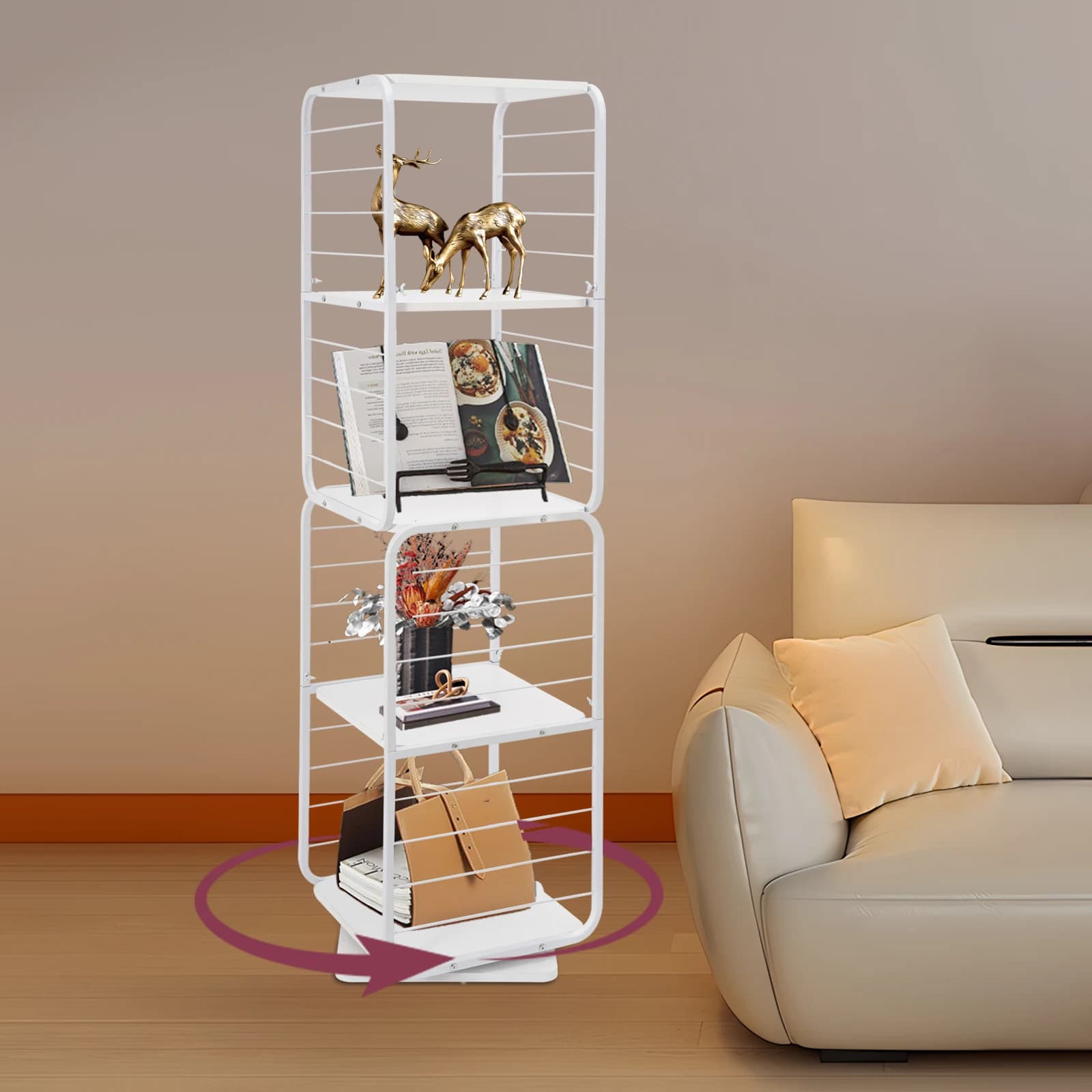 Libreria Girevole a 4 Ripiani 360° ° Libreria Girevole Rotante per Organizzazione Libri, Scaffale Espositivo da Terra per Casa e Ufficio