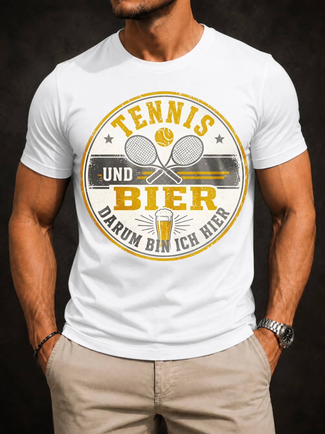Tennis Und Bier Darum Bin Ich Hier circular with rackets ball and bottle and casual graphic style Unisex All T-Shirt