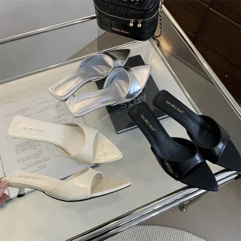 Nuovo stile moda sexy PU superficiale sottile tacchi alti da donna punta aperta a punta sandali antiscivolo tinta unita all'aperto pantofole muli