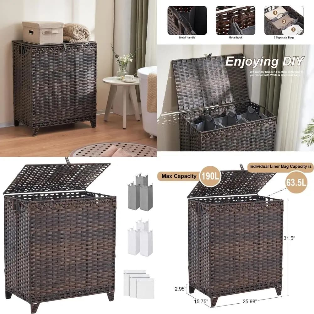 Large Basket from 190L to 3 Parts with 6 Internal Bags and 3 Bags on the Net, Braided in Rattan Hand, Brown