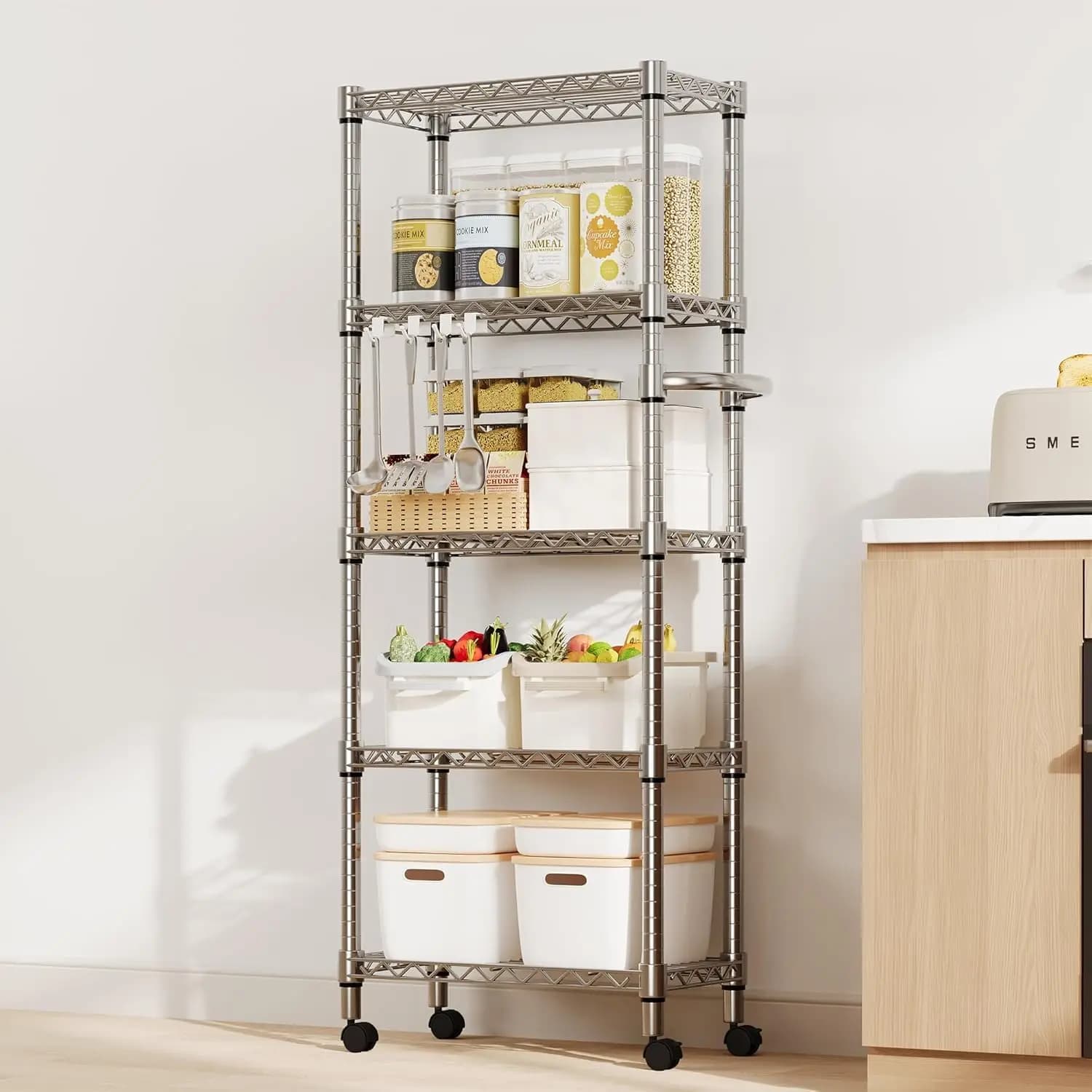 Scaffale portaoggetti in filo metallico a 5 livelli da 1100 libbre, scaffale portaoggetti con maniglia laterale e ruote bloccabili, ripiani portaoggetti regolabili