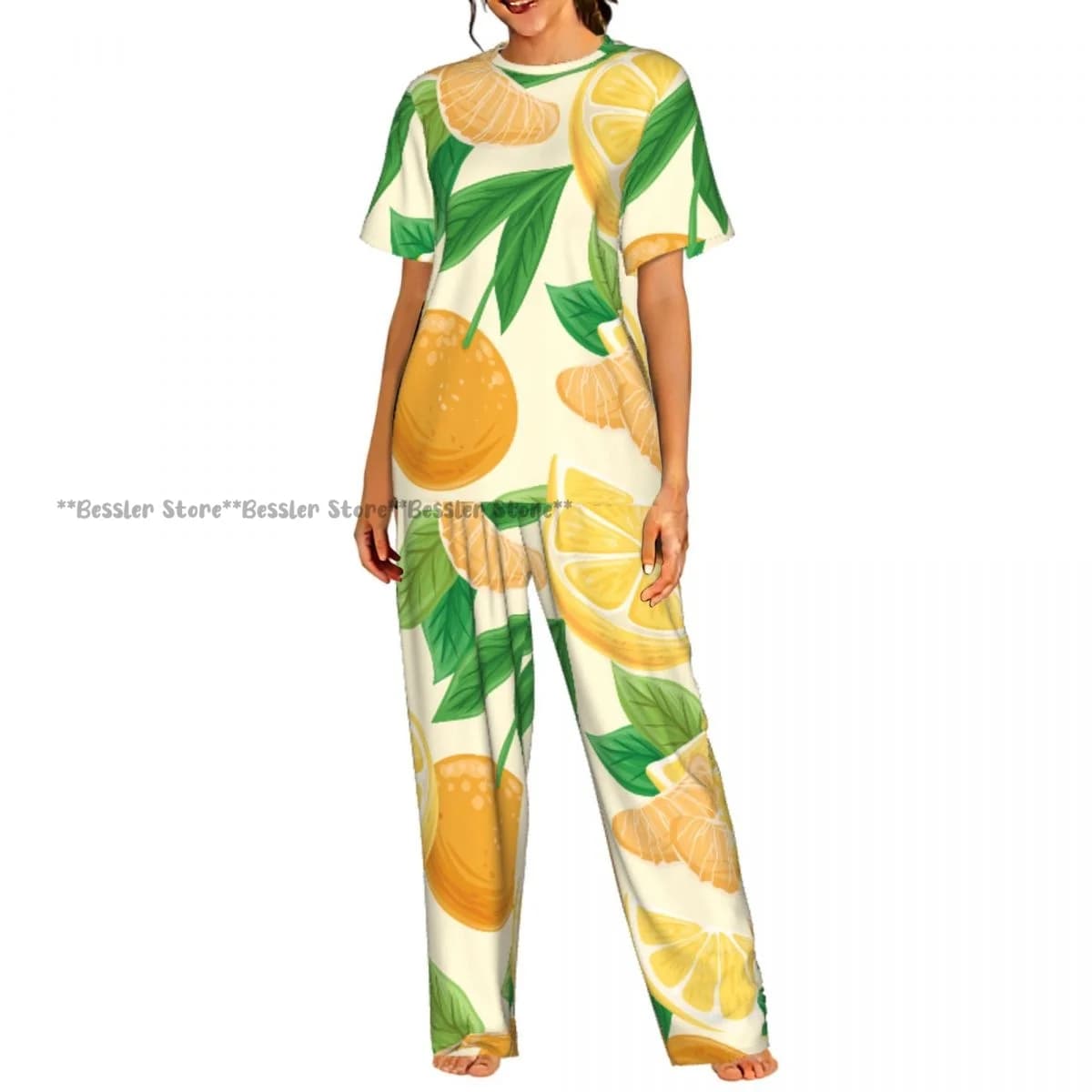 Comfortable Women's Pijama with Pattern Lemon Leaves, Set to Sleeves Court to Sleep