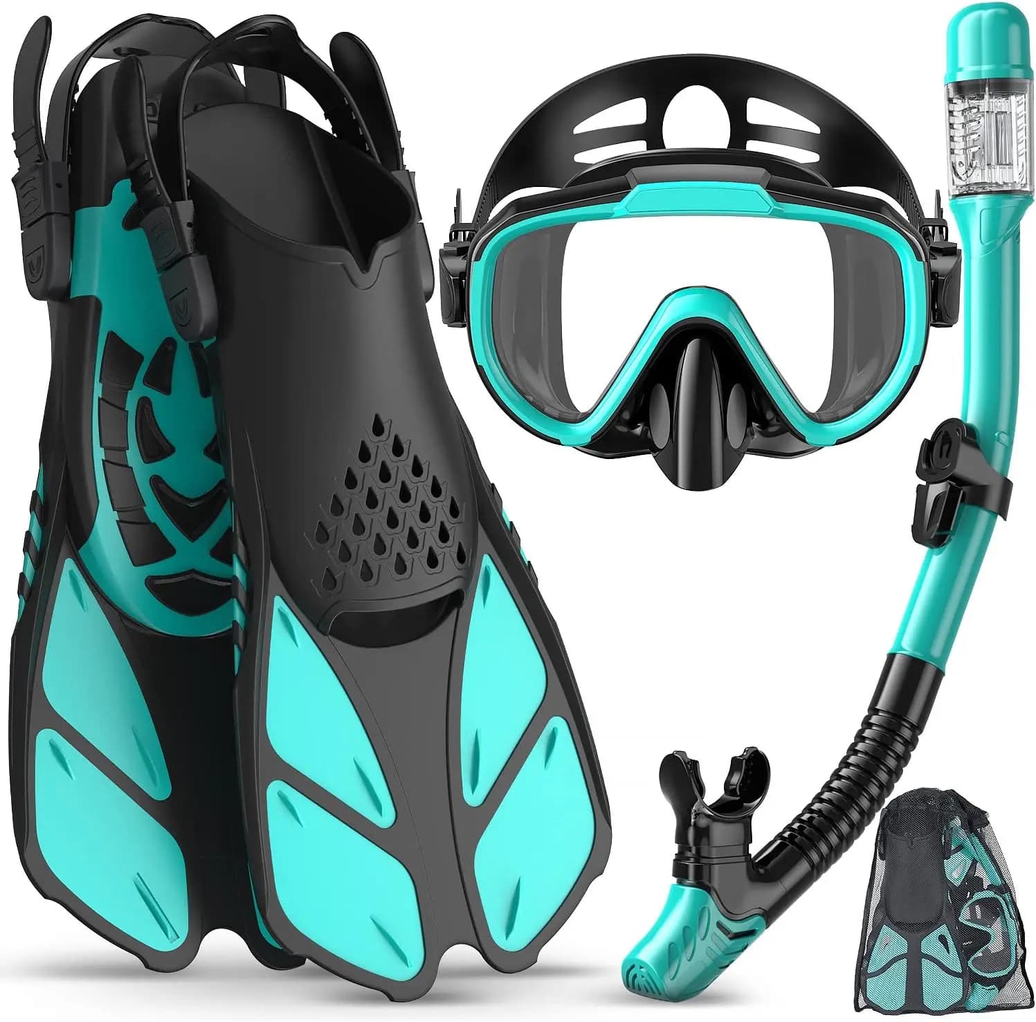 Set Snorkeling 4-in-1 con Maschera Panoramica, Boccaglio Dry Top, Pinne e Borsa da Viaggio per Adulti