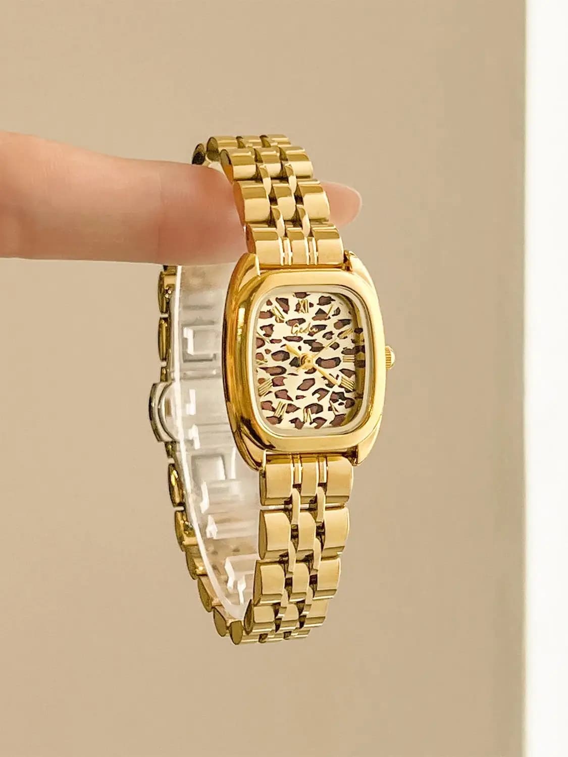 New Golden Vintage Style Women's Watch, Stainless Steel Strap with Leopard Print, Square Quartz Watch for Women as Gift or Accessories
