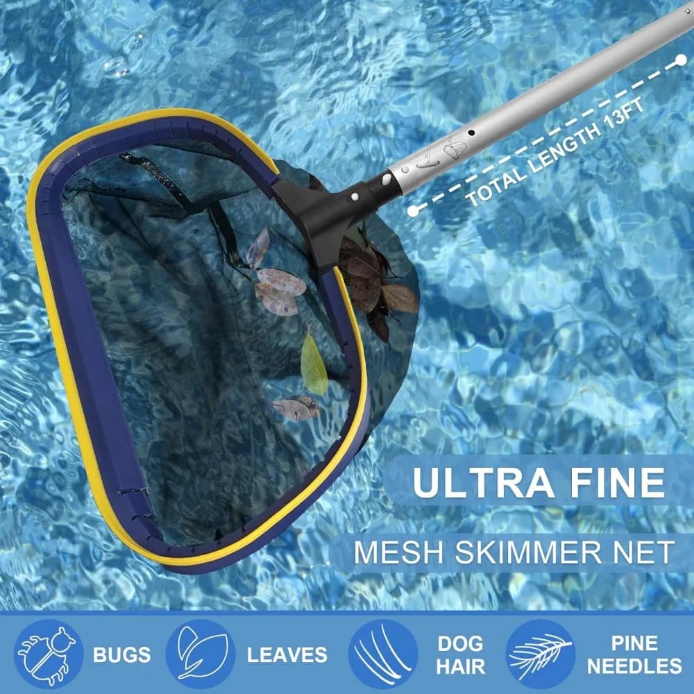 Kit per la pulizia della piscina 5 in 1: include rete per skimmer semilavorata, rastrello per foglie in alluminio, spazzola per piscina da 20' con asta regolabile da 13 piedi