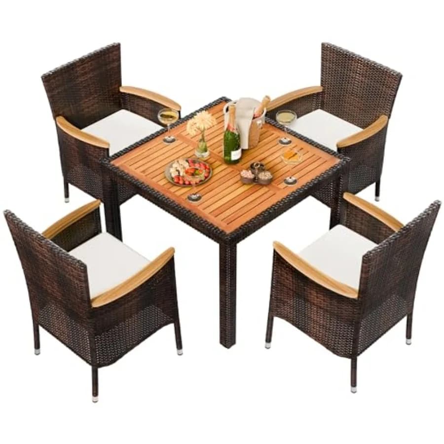 Set da pranzo per patio da 5 pezzi: tavolo e sedie da esterno in rattan con morbidi cuscini, piano in legno, cuscini beige, resistente alle intemperie