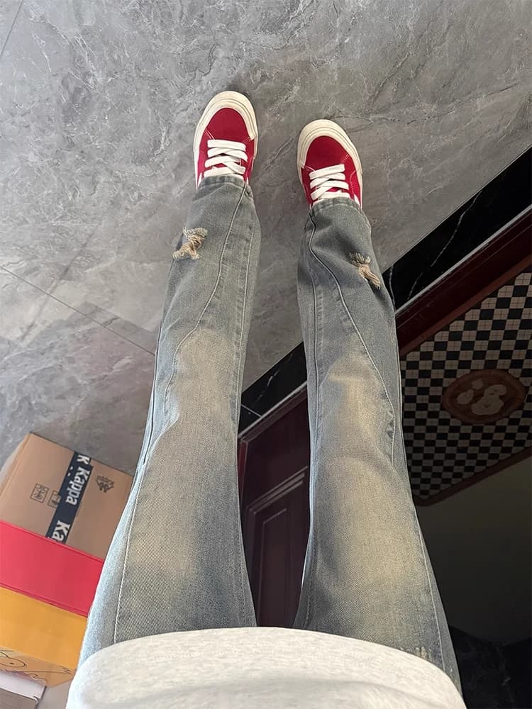 Jeans American High Street da uomo strappati, effetto patchwork, gamba larga, taglio dritto, pantaloni alla moda per giovani