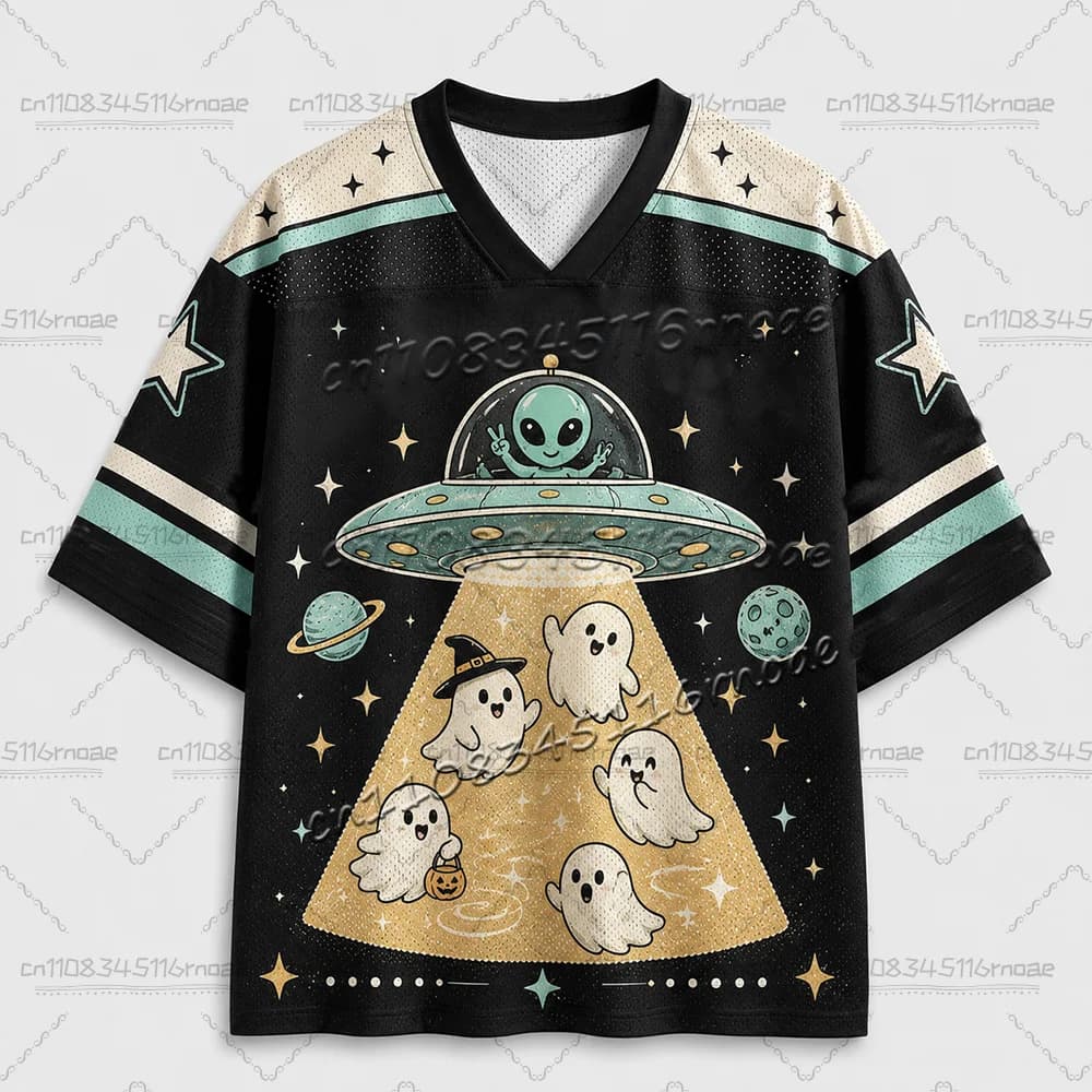 New Summer V-neck Soccer Suit Cute UFO Alien Kidnapping Cat Star Space Printed Adult/Child Loose Sports T-shirt
