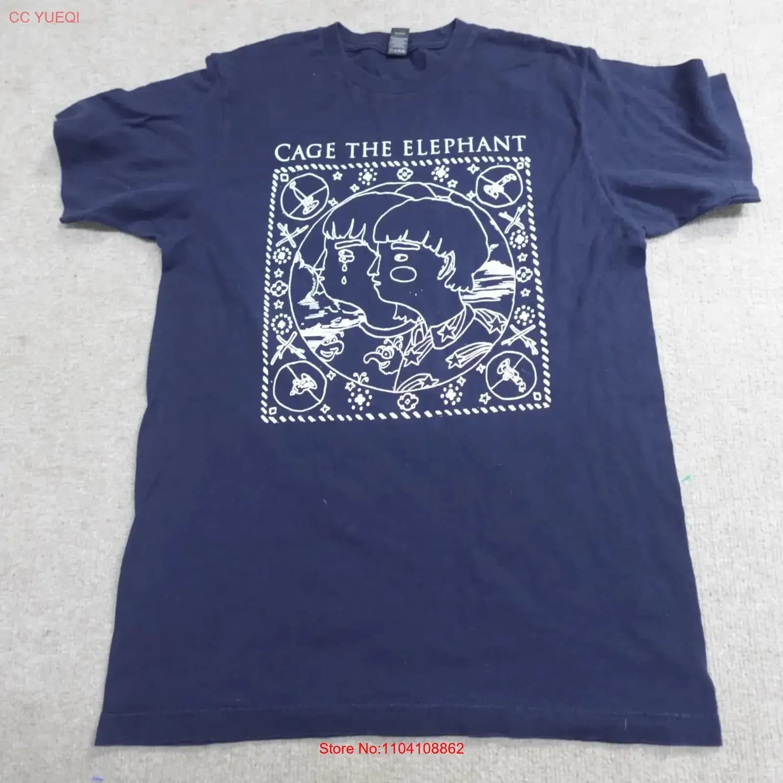 T-shirt Cage the Elephant Blu Medio con Carta dei Tarocchi Vintage, Lavata, Versatile, Unisex, Traspirante, Elegante, Elasticizzata, Abbigliamento Designer