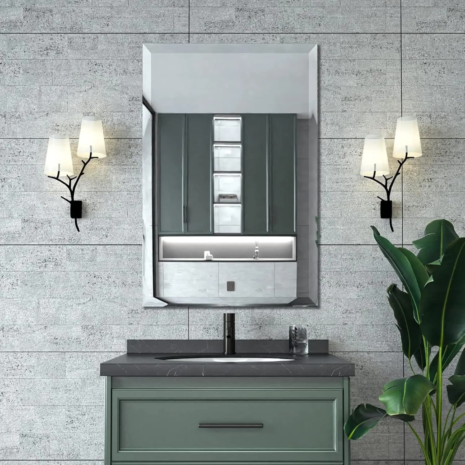 Specchio da bagno rettangolare senza cornice da 24 x 36 pollici con bordo smussato, infrangibile, da appendere orizzontalmente o verticalmente