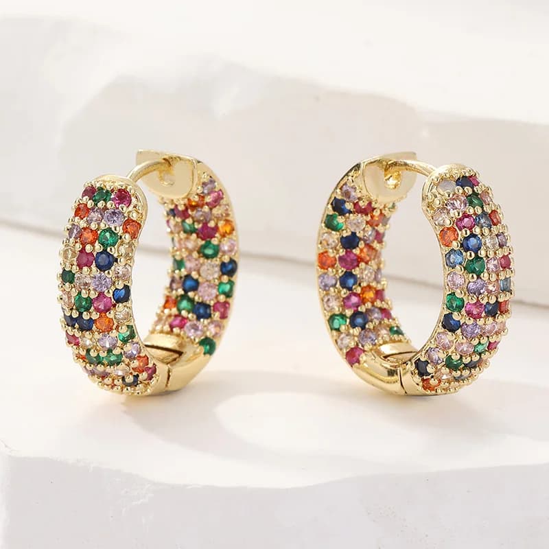 Luxurious Round Copper Material Inlaid with Multi-color Synthetic Zircon Earrings, Women's Classic Circle Earrings, Engagement