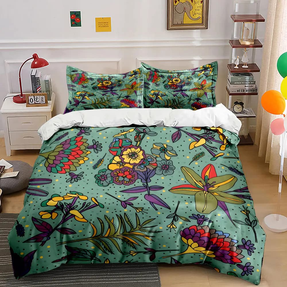 Set copripiumino con motivo floreale colorato e sfondo a pois, stampa digitale, biancheria da letto in poliestere colorato con chiusura a cerniera