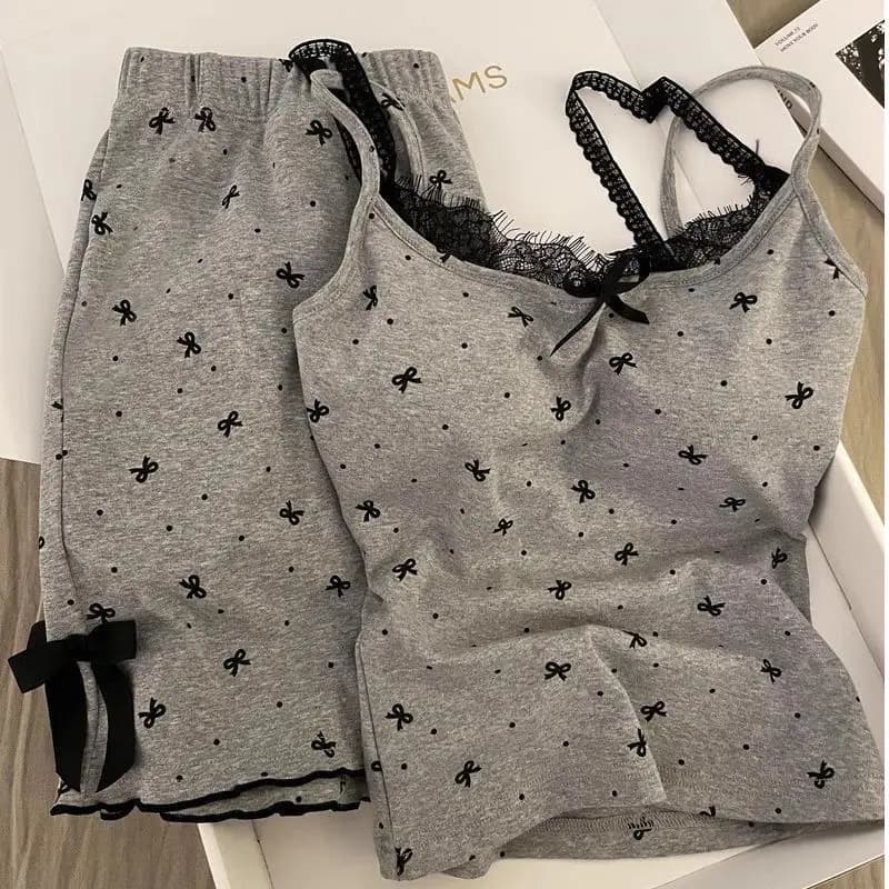Women's Sleepwear Chest Cushion Korean Version Bow Lace Camisole Top Shorts Two-Piece Set Sexy Sweet Comfortable Home Wear
