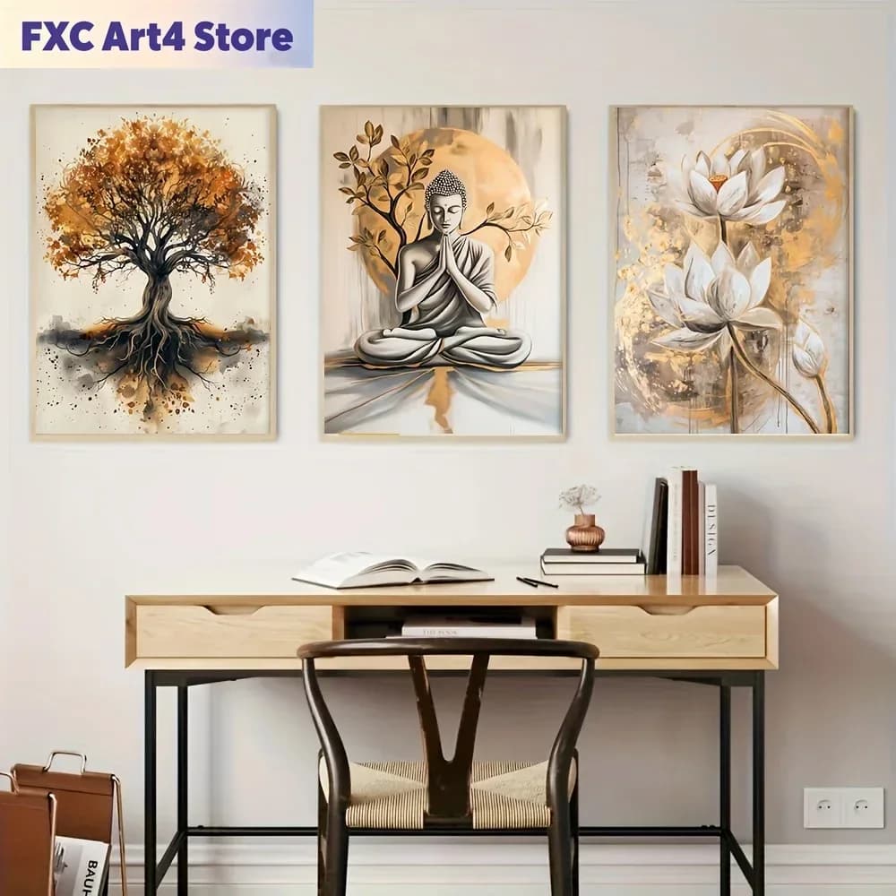 FramelessSet of 3 Canvas Paintings Featuring The Tree of Life, Buddha, And Lotus Flower in Abstract Watercolor Style, Perfect fo