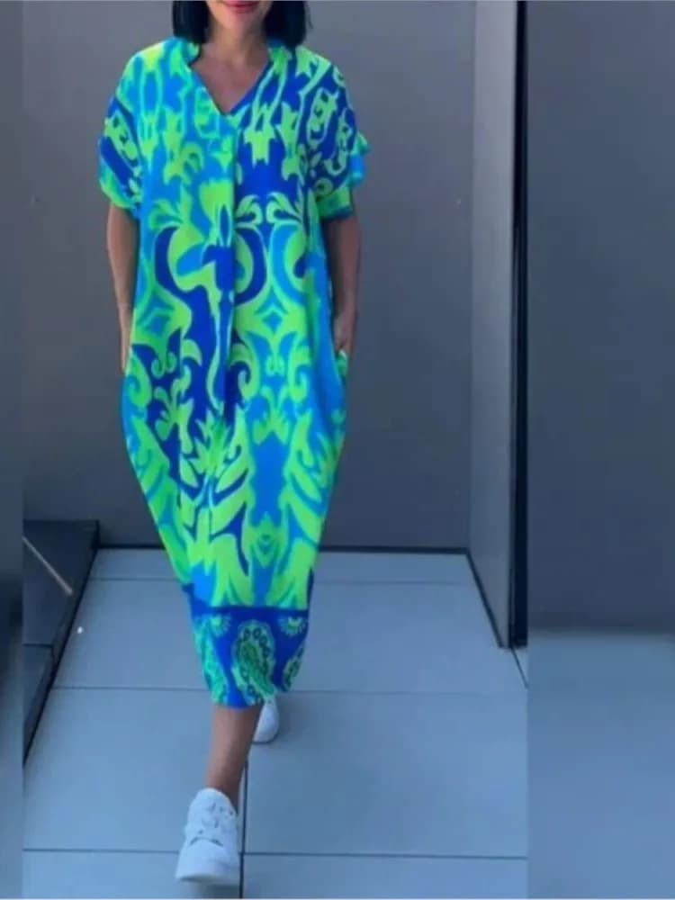 Women's Short Sleeve New Neck V Print Casual Dress Summer Fashion Elegant Office Holiday Dresses Women's Dresses Robe Femme