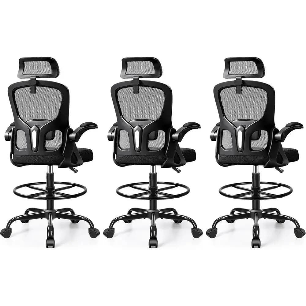 Sedia da ufficio ergonomica con schienale alto, supporto lombare, poggiapiedi e braccioli regolabili, nera, set da 3
