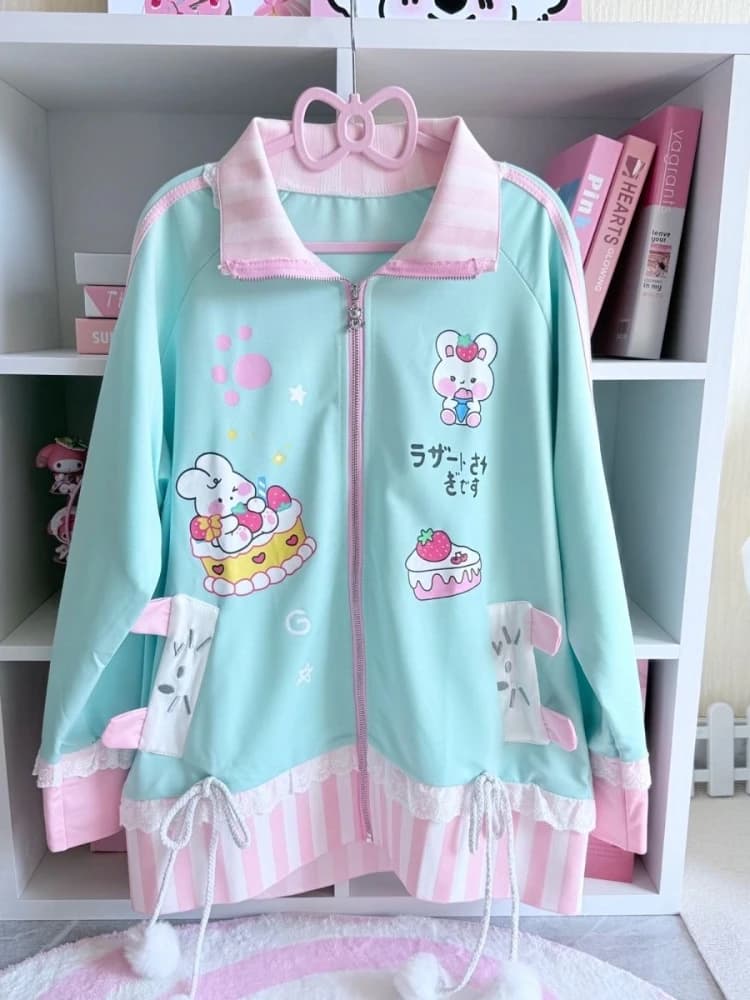 Cappotto a maniche lunghe allentato autunno Kawaii Design da donna Cappotto con cerniera patchwork dolce Felpa con cappuccio cardigan con stampa di coniglio adorabile casual