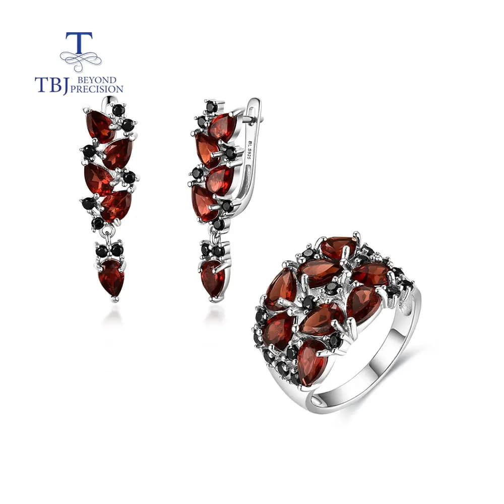 Natural Mozambique Garnet Ring And Earring Set 925 Sterling Silver Fine Jewelry for Women Luxury Anniversary Party Gift