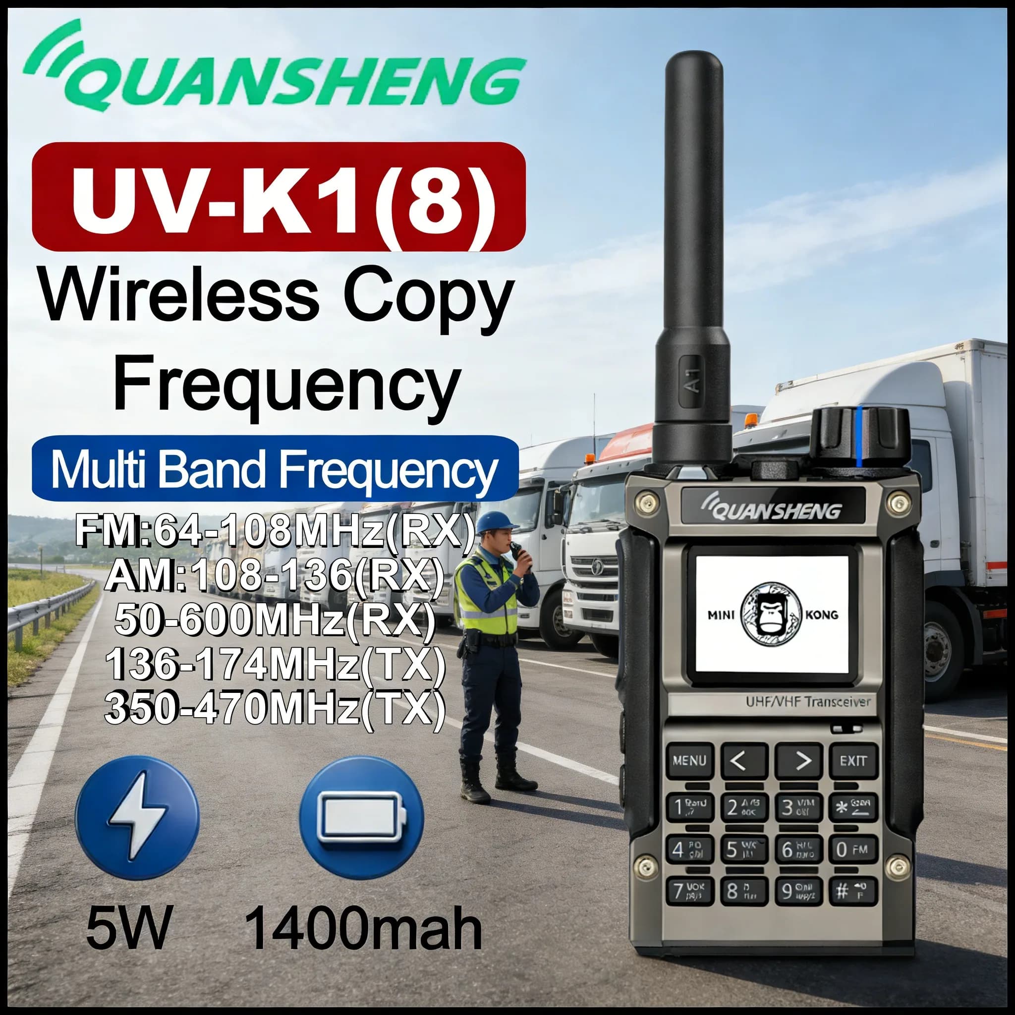 Quansheng UV-K1(8) 50-600MHz Ricetrasmettitore Full Band Air Band UHF VHF Radio Amatoriale con Funzione Copia Wireless e Ricarica Type-C