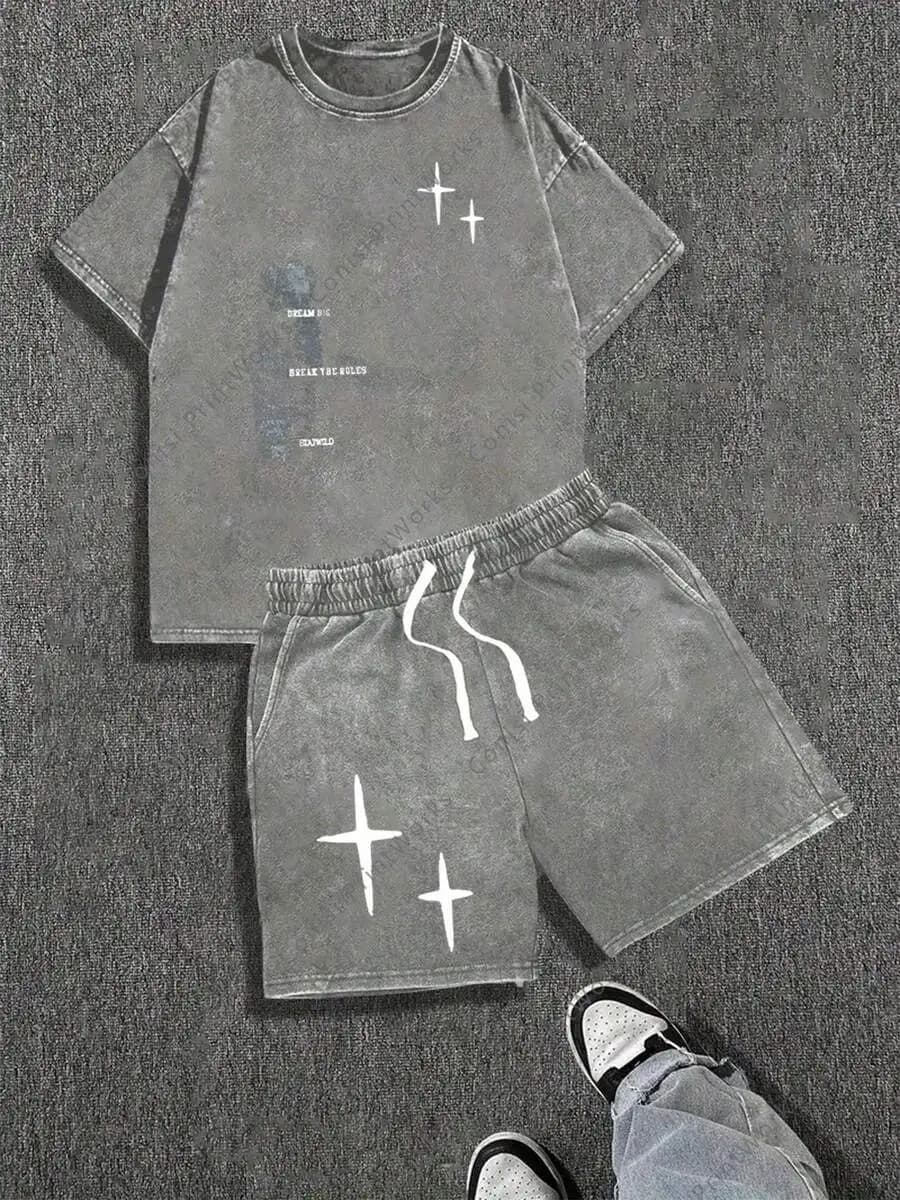 DYE DOODLE Washed Set, 230g Washed T-Shirt, 290g Washed Shorts, My Belief Print Set, High-Quality Cotton Suitable For Summer