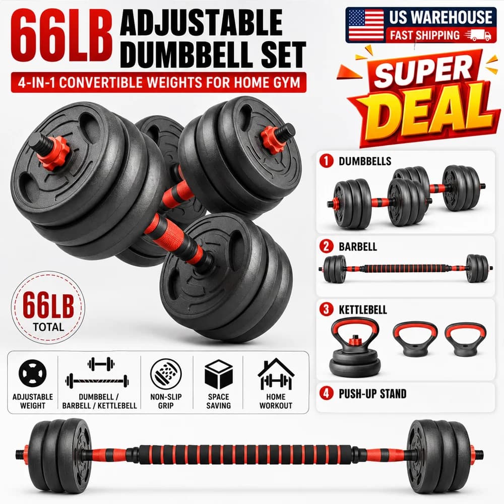 66LB Adjustable Dumbbell Set 4-in-1 Convertible Weight Training Kit with Dumbbells Barbell Kettlebell Push-Up Handles, Adjustable Weight Plates Non-Slip Grip Space Saving Home Gym Strength Workout Equipment for Men Women