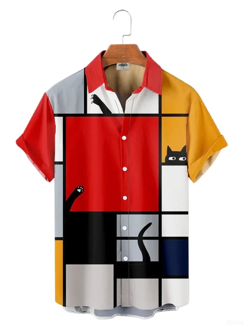 Men's Shirts Geometric Art 3d Colorful Abstract Oil Painting Printed Men's Short Sleeved Shirts Fashion Top with Unisex Hawaiian Buttons