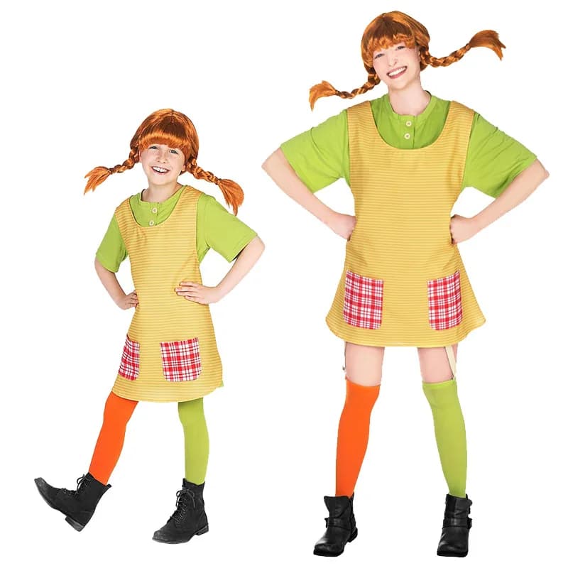 Long Socks Costume - Yellow Striped Dress with Green Shirt, Red Plaid Pocket Socks, Halloween and Book Character Cosplay Costume