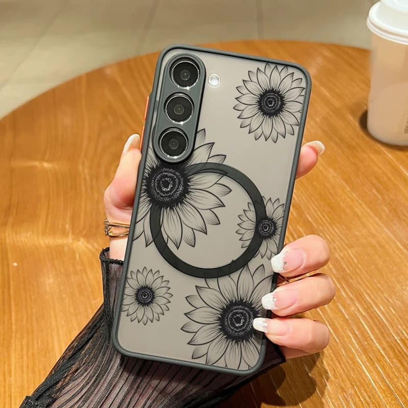 Custodia Magnetica Floreale a Girasole Cavo per MagSafe per Samsung Galaxy A55 A54 A35 S25 A15 5G S21 FE S22 S23 S26 S24 Ultra