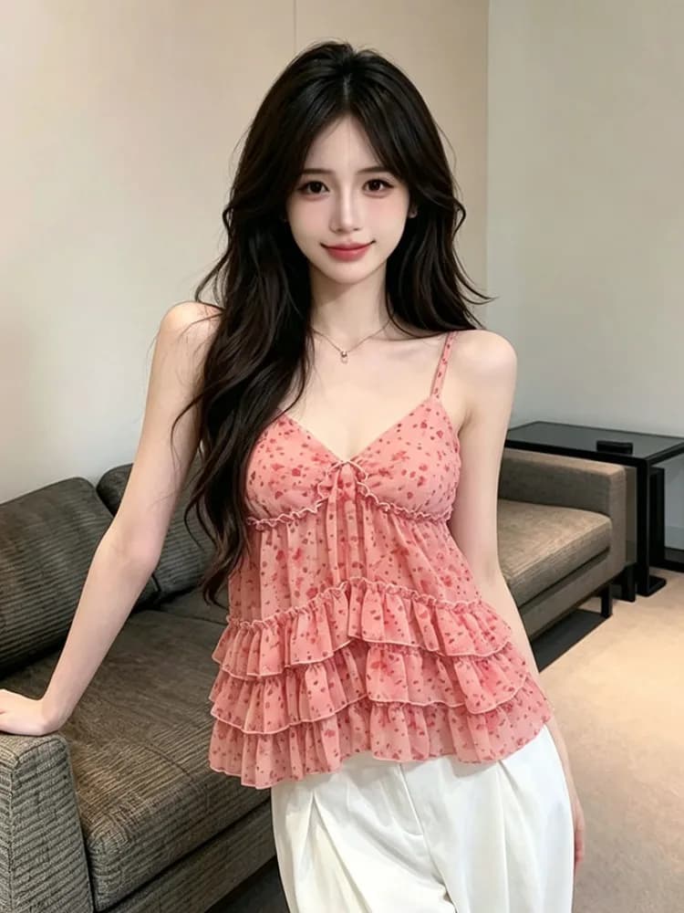 Sweet Girl Style Pink Polka Dot Earlet Hem Strap Vest Sexy Pure Desire V-neck Short Top Korean Version Standard Fit Knitted S...