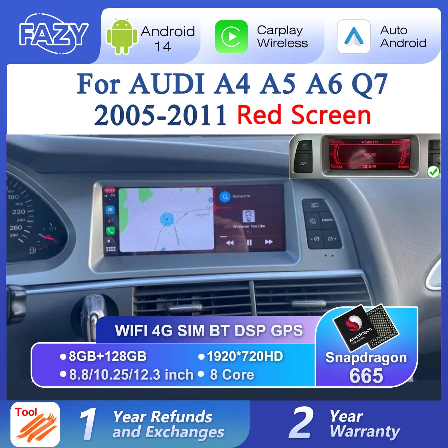 Autoradio Android 14 from 8.8/10.25/12.3 inches with CarPlay for Audi A4 A5 A6 Q7 MMI 2G Basic, red screen, GPS navigation, DSP Stereo