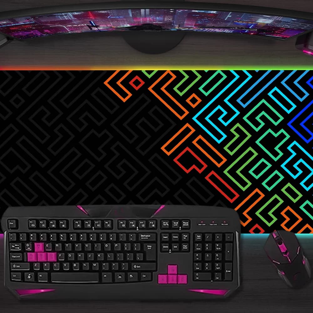 Tappetino per Mouse da Gioco con Linee Geometriche, Maze Lines, Retroilluminazione LED, Micro USB, Tappetino da Scrivania in Gomma RGB XXL