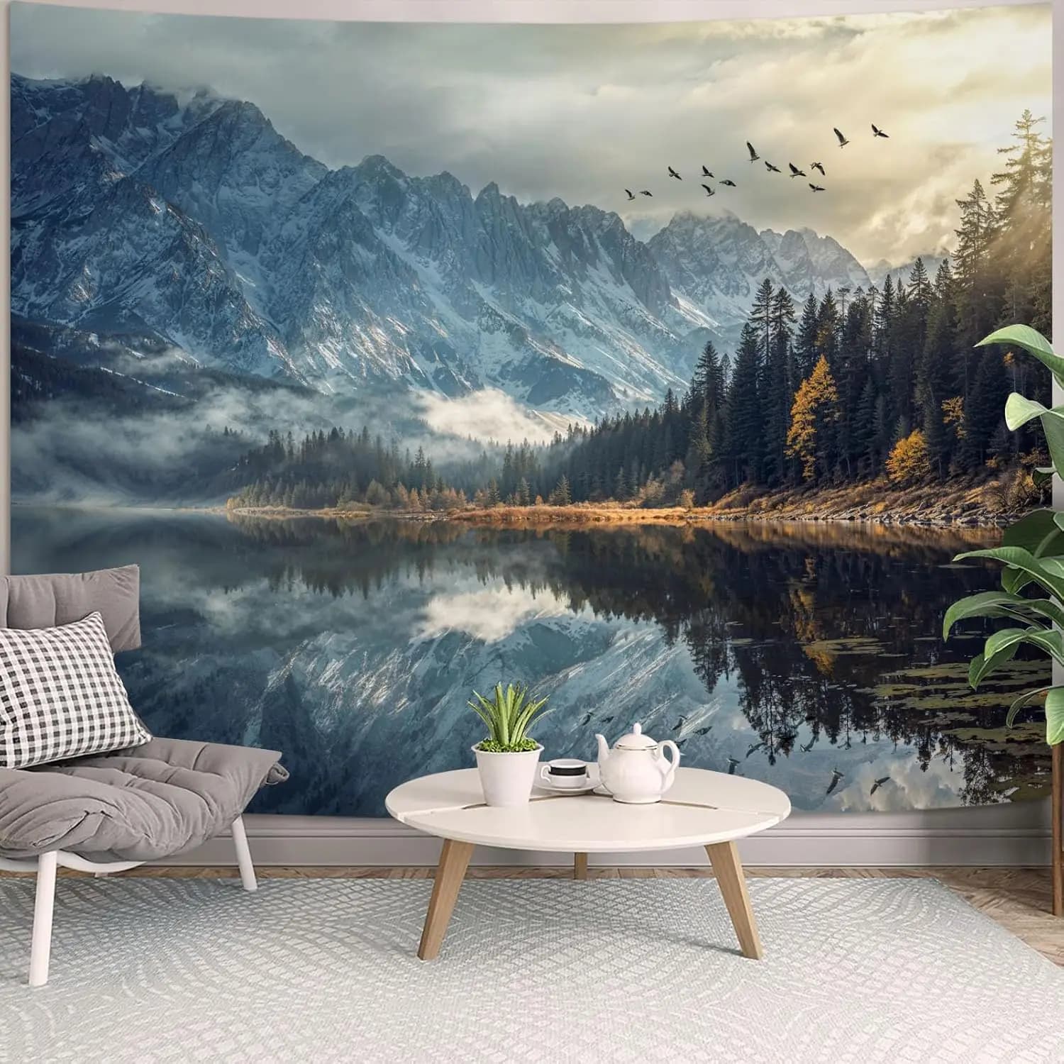 Premium Mountain Landscape Tapestry Wall Mural Decor Realistic Lake Forest View Art for Living Room Bedroom Home Decoration