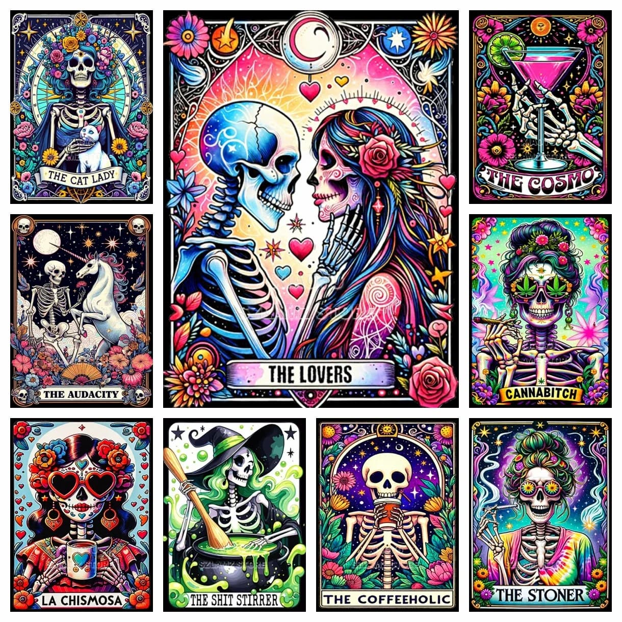 Kit Pittura Diamante 5D Fai da Te, Carta dei Tarocchi, Scheletro Cartoon, Punto Croce, Decorazione Artistica Halloween, Regalo