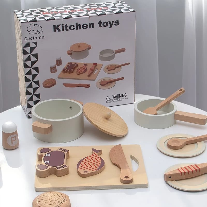 Kids Wooden Toy Family Play Kindergarten Interactive Game Child Kitchen Items Cooking Set Pots Pans Cook Stir Fry Birthday Gifts