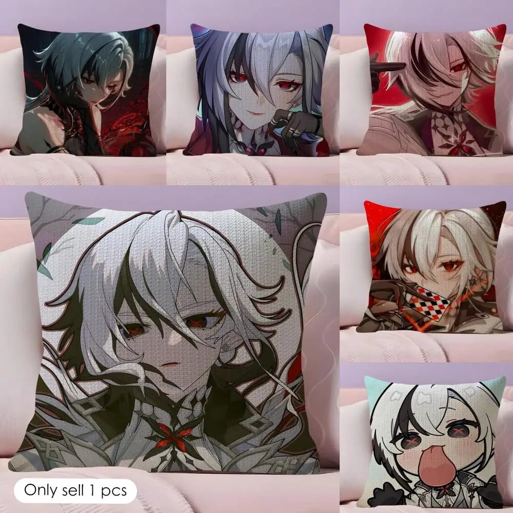 Genshin Impact Arlecchino Cushion Cover Natural Linen Pillow Case Double-Sided Print Decorative Sofa Pillowcase Home Decor Gift