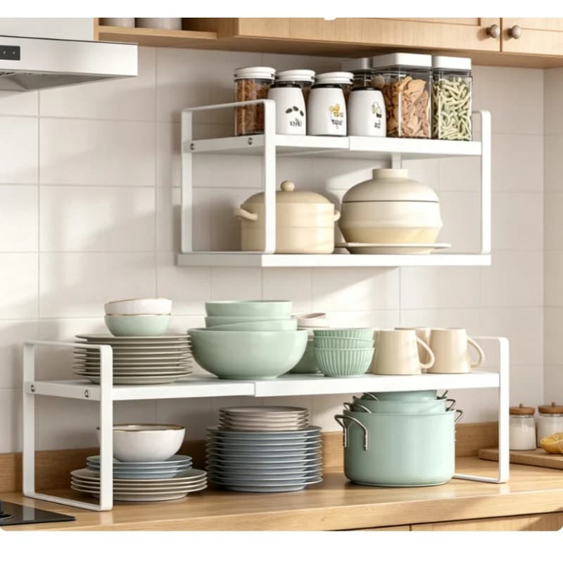 Expandable Layered Storage Rack Medium Capacity Plastic Space-saving Cabinet Organizer Shelf For Kitchen Seasonings Dishes Household Dustproof Holder