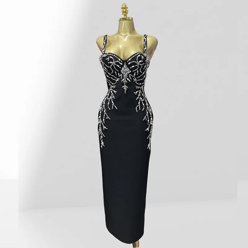 2025 Luxury Diamonds Spaghetti Strap Black Bandage Ankle Length Dress Woman evening Party Dress Celebrity Birthday Party Outfit