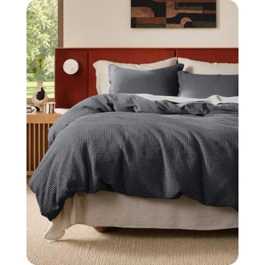 Cotton Duvet Cover Queen - 100% Cotton Waffle Weave Charcoal Duvet Cover Queen Size, PureWoven Breathable Bedding Set for All S