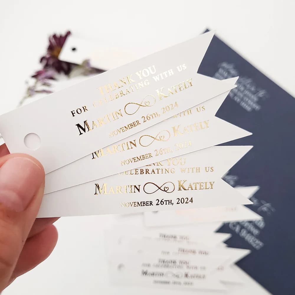 50 etichette di ringraziamento personalizzate in lamina d'oro per matrimoni per scatole e regali Etichette di benvenuto con foil in oro bianco/nero Bomboniere